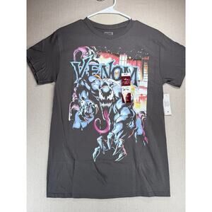 Venom T-Shirt Small Men's Marvel Graphic Crew Neck City Aflame Charcoal Gray New